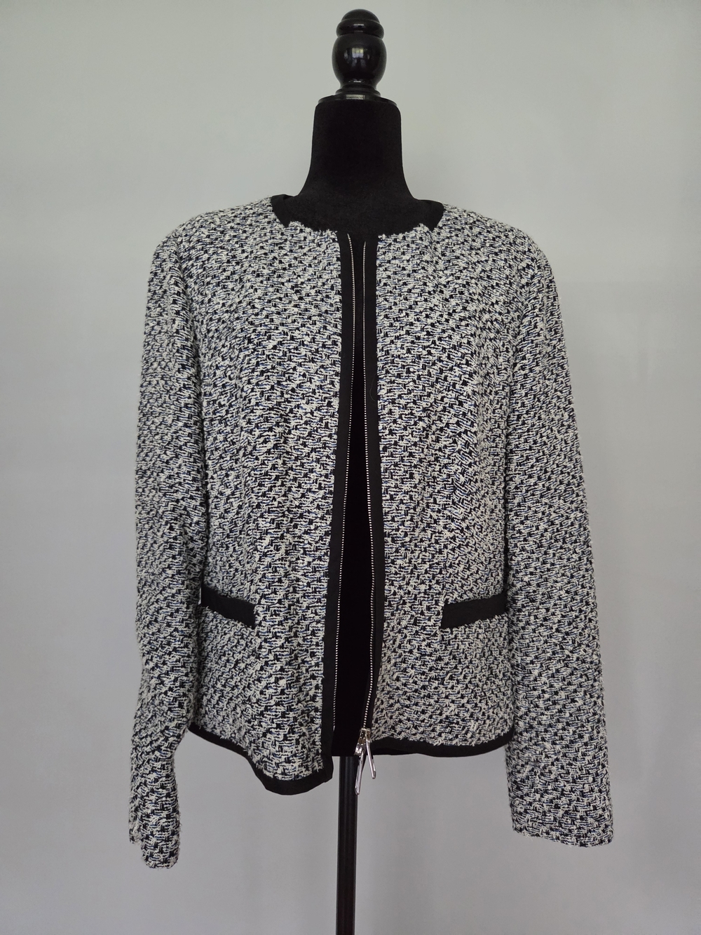 Boss Black and White Tweed Zip-Front Blazer